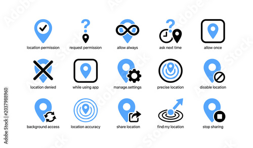 Location permission and sharing icons in grid on white