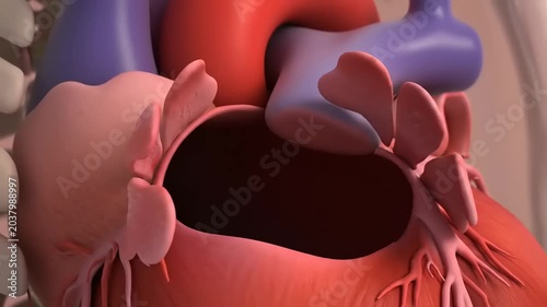 The human heart is pumping blood through its chambers and valves in a detailed medical animation.