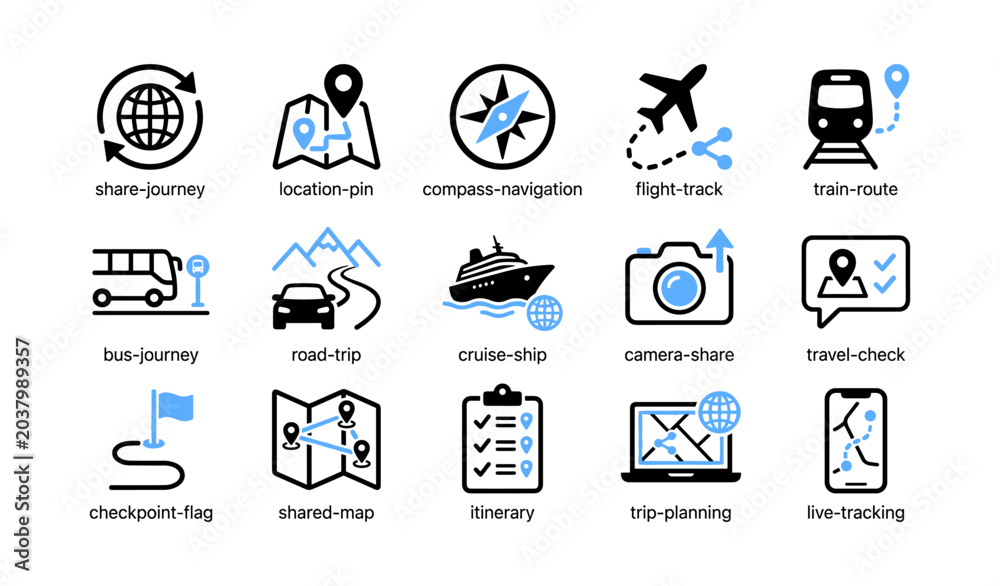 Obraz premium Travel icons showing transportation and planning in grid layout