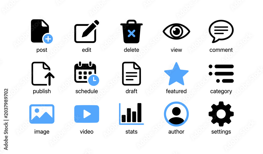 Fototapeta premium Content management icons for post edit and analytics on white