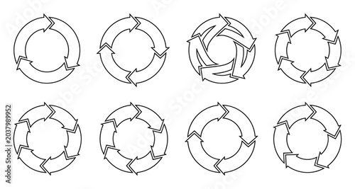 Foto Set of eight circular flow charts with arrows representing continuous cyclic pro