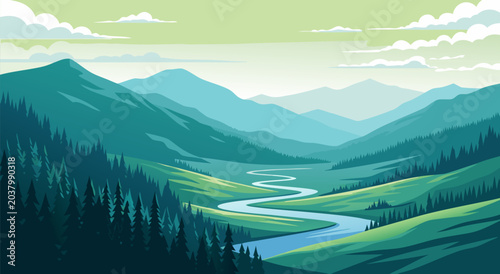 Tableau sur toile Serene Mountain Valley Landscape Vector Illustration with Winding River and Gree