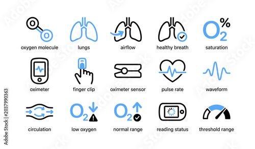 Oxygen and oximeter icons depicting respiratory metrics on white