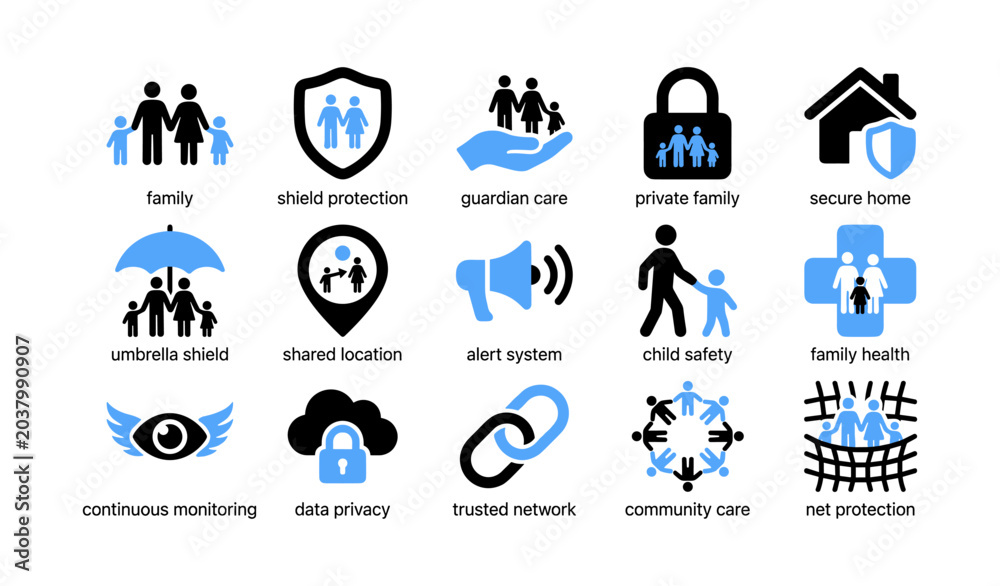 Fototapeta premium Family safety and protection icons in grid on white background