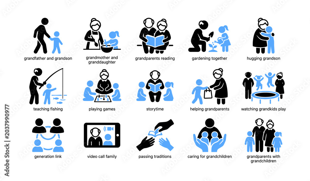 Fototapeta premium Grandparents with grandchildren shown in activity icons on white