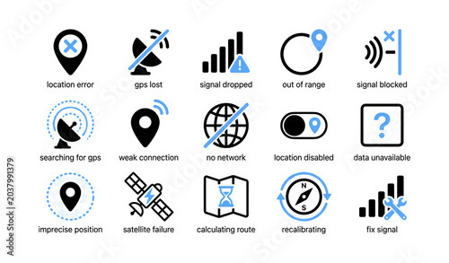 Location and signal status icons showing gps and network errors