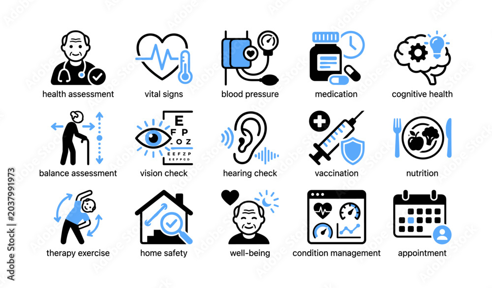 Obraz premium Health icons representing assessments and services in grid
