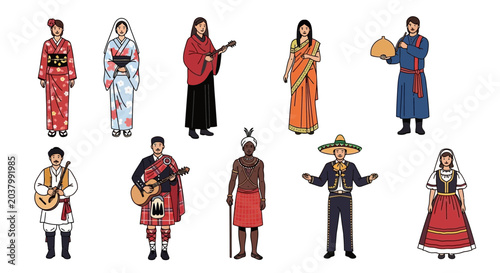 Valokuva Traditional World Costumes People Collection Flat Vector Illustration Diverse Cu