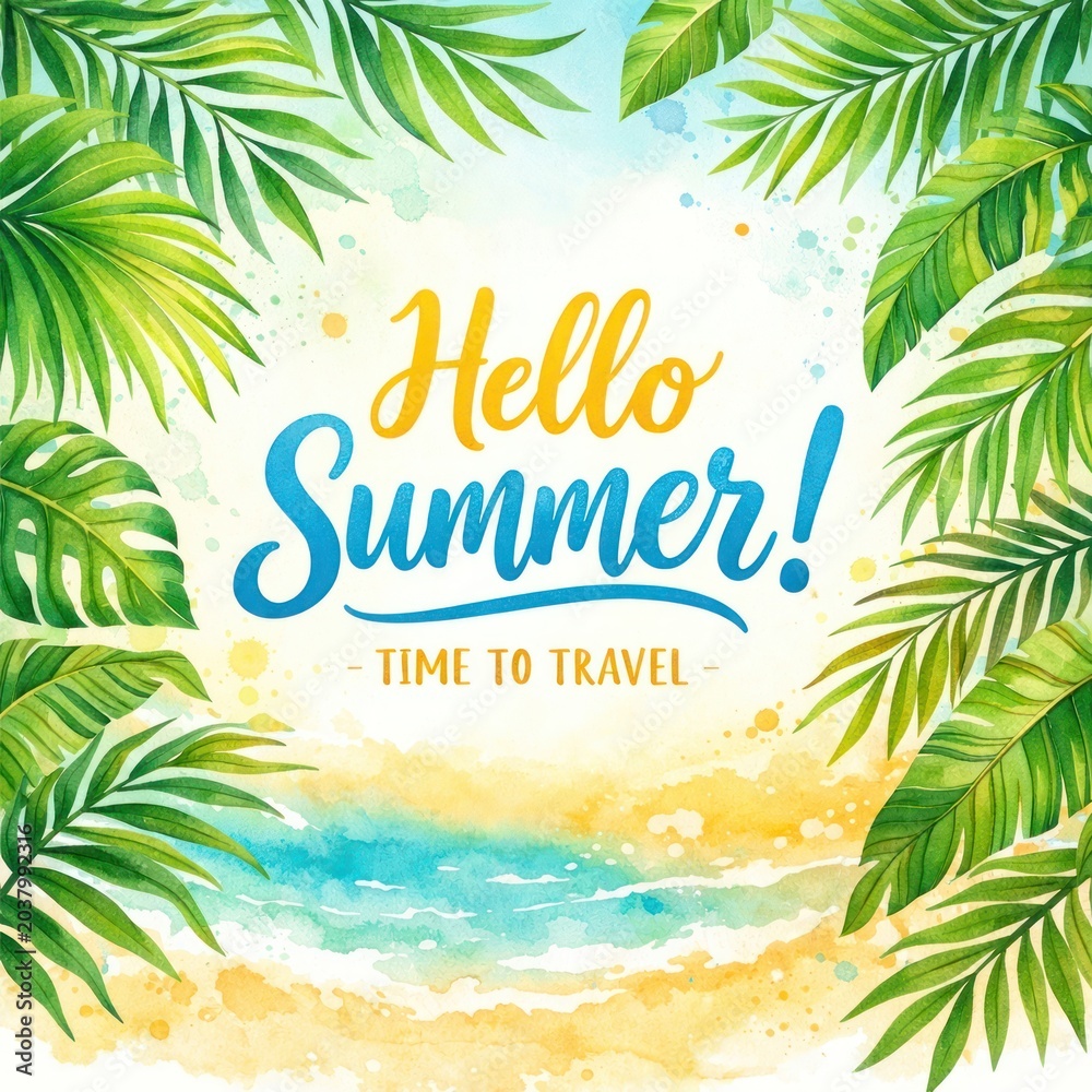 Obraz premium Hello Summer tropical watercolor travel poster with palm leaves