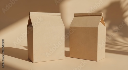 Paper bags stand upright on a plain beige surface to demonstrate a minimalist branding mockup for retail or eco-friendly food packaging.