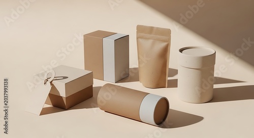Cardboard packaging collection displays various sustainable containers and shipping boxes arranged on a clean neutral surface for branding presentation.