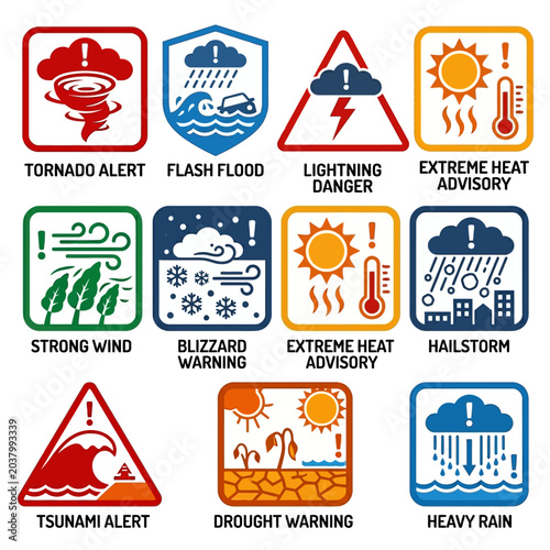 Flat vector icon set of emergency weather warning symbols  including tornado alert  flash flood warning  lightning danger  extreme heat advisory  blizzard warning  strong wind alert  hailstorm warning
