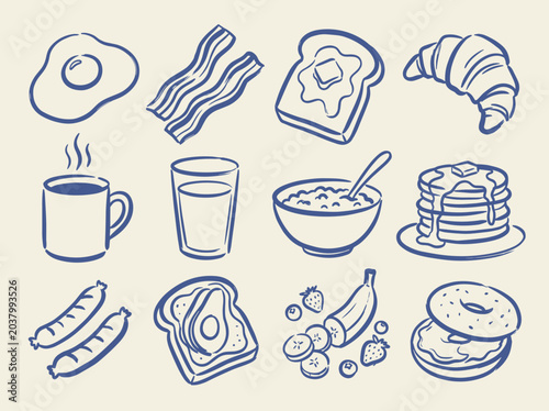 Hand drawn breakfast food icons, blue line art vector set of 12 morning meal elements, vintage doodle breakfast illustrations for cafe menus