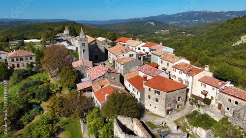 Drone flying above hum the smallest town in the world in istria croatia