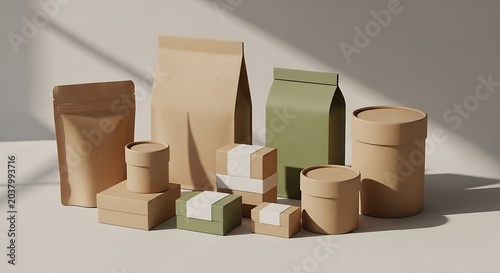 Packages made of eco-friendly kraft paper sit on a light surface to showcase a versatile collection of sustainable shipping containers.