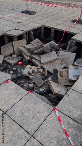 Damaged sidewalk with collapsed paving stones and pipes