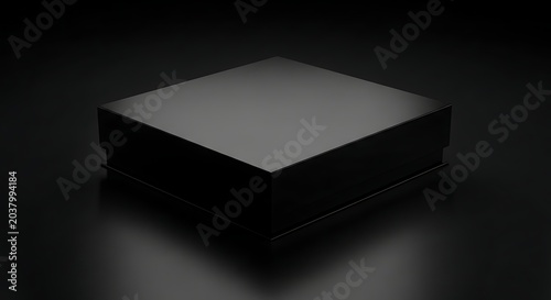 Box made of matte black material sits isolated on a dark background to serve as a versatile packaging mockup for various luxury retail items and premium gift branding applications.