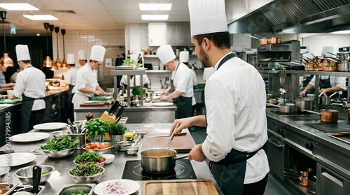 Professional chefs working in a busy, modern restaurant kitchen during food preparation