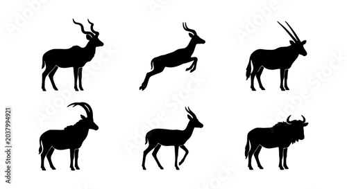 Bild auf Leinwand African Wildlife Silhouettes: Antelope, Wildebeest, Oryx Vector Icons