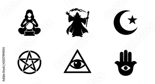 Bild auf Leinwand Mystical Symbols Set: Fortune Teller, Wizard, Crescent Moon, Pentagram, Eye of P