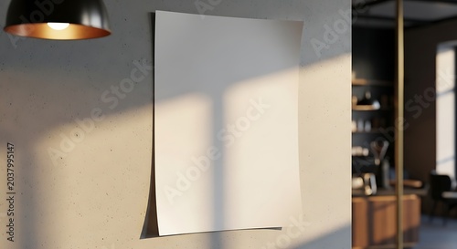 Paper sheet curves slightly against a textured wall under the glow of a pendant lamp.