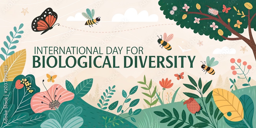 Obraz premium International Day for Biological Diversity nature landscape banner with plants butterflies
