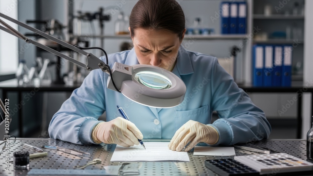 Obraz premium Female forensic expert analyzing a document and taking notes.