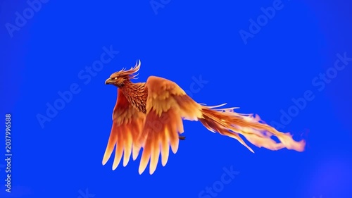 A mythical fire phoenix bird flapping its wings and flying forward in a continuous loop. This animated fantasy creature element is rendered on a chroma key background for seamless video compositing.