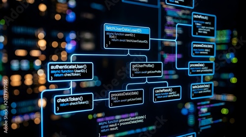 Futuristic visualization of intricate software development concepts, displaying complex data flow and programming logic within a modern system architecture