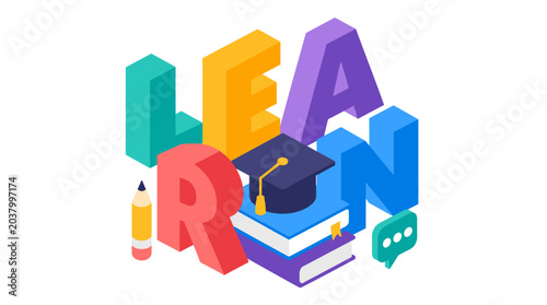 Vibrant 3D Learn Letters With Graduation Cap.