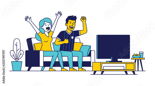 Enthusiastic Couple Cheering for Sports Game on Television at Home