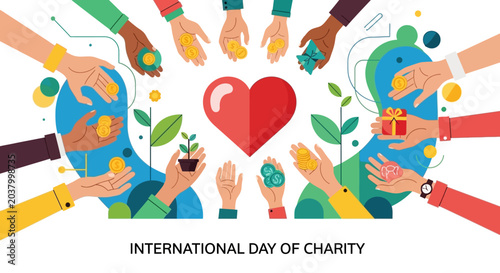 International Day of Charity Concept with Diverse Hands Sharing Coins and Gifts Around Heart
