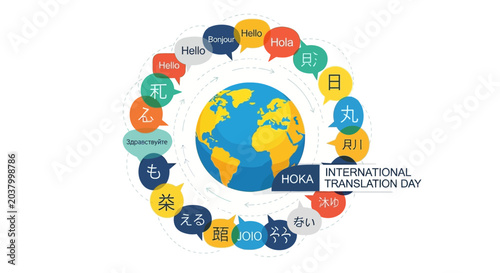 Quadro su tela International Translation Day Concept with Globe and Speech Bubbles