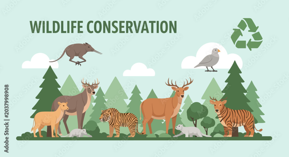 Naklejka premium Wildlife Conservation Concept with Wild Animals in Forest