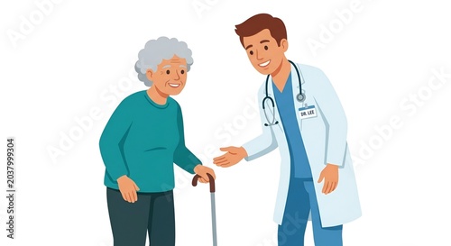Modern vector illustration of smiling young male doctor supporting senior woman patient with walking stick, isolated on white background.