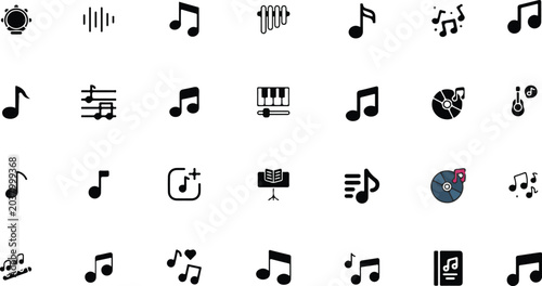 Foto Music notes and audio media glyph icon set