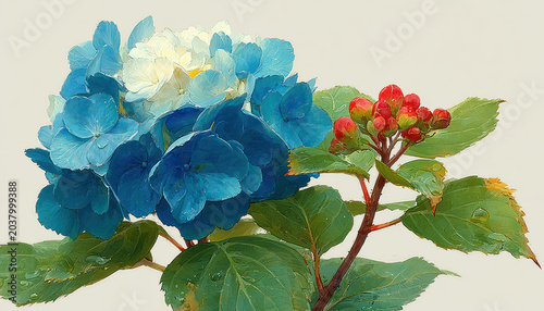 Blue Hydrangea Flowers with Red Buds Isolated on White Background, Elegant Botanical Still Life