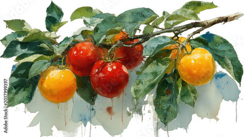 Watercolor Apples on Tree Branch Isolated on White Background, Rustic Botanical Fruit Illustration