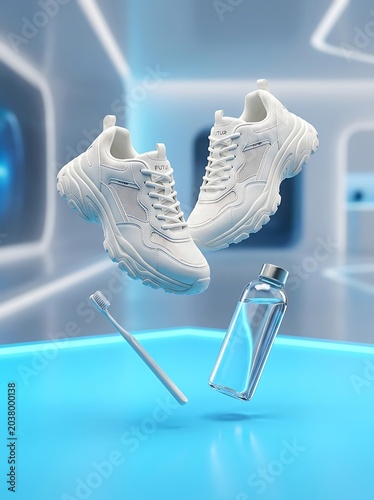 White Sneakers, Toothbrush, and Water Bottle Floating in a Futuristic Blue Environment.