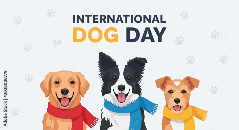 Fototapeta premium International Dog Day Greeting Card with Cute Dogs Wearing Scarves
