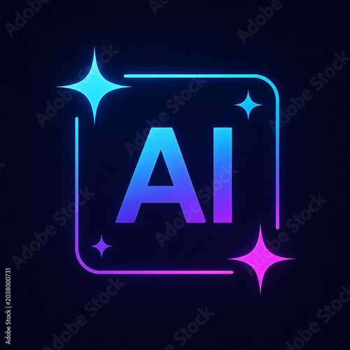 Futuristic AI Neon Icon with Glowing Technology Frame and Artificial Intelligence Concept