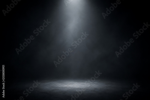Dark Studio Spotlight Background with Dramatic Light Beam and Smoky Atmospheric Effect