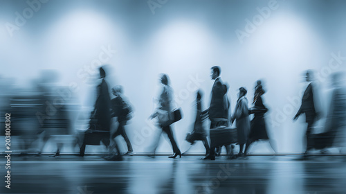 Motion blur of business people walking in a line, corporate crowd commuting or traveling in a modern terminal