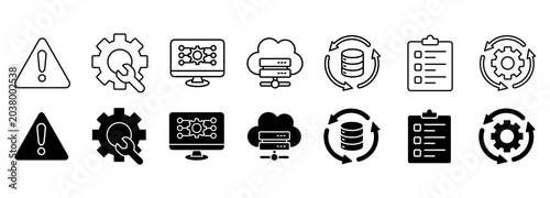Disaster recovery icon set. Incident and procedures Vector Illustration