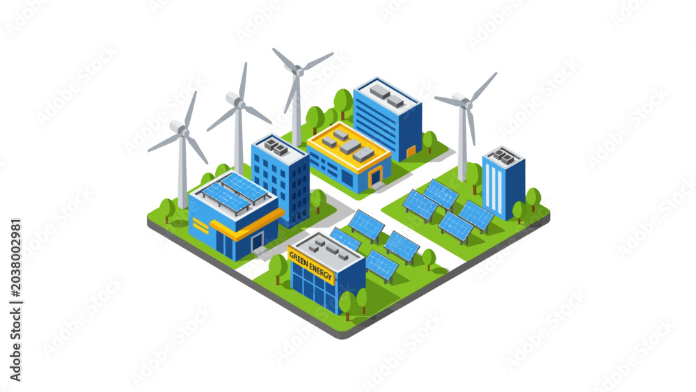 Fototapeta premium Isometric Eco-Friendly Sustainable City Illustration with Wind Turbines and Solar Panels for Green Energy Concept