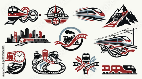 Bild auf Leinwand Collection of stylized train icons and logos representing speed, travel, and urban transit