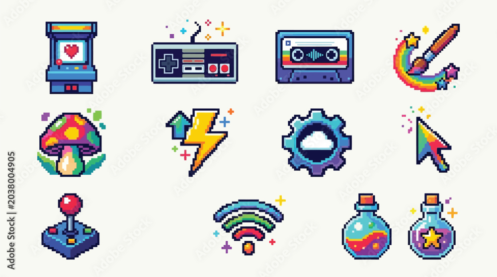 Fototapeta premium Collection of pixel art icons representing video games, technology, and fantasy elements.