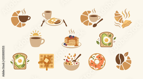 Tableau sur toile Collection of delicious breakfast icons including coffee, pancakes, avocado toast, and croissants