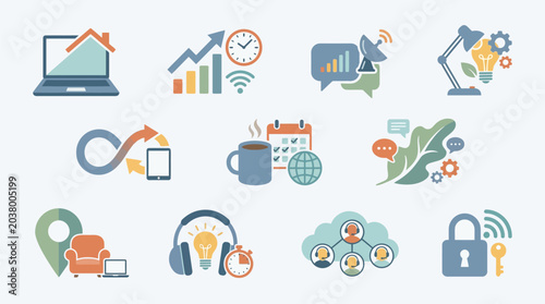 Schilderij op canvas Collection of flat design icons representing remote work, business, and technology concepts