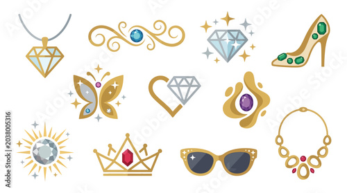 Bild auf Leinwand Collection of elegant jewelry and luxury accessories, including diamonds, crowns, and high heels